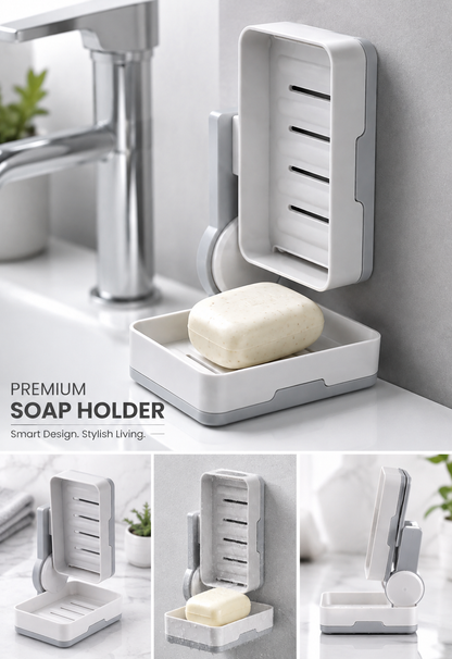 2-in-1 Wall Mounted Soap Holder & Soap Dish with Drainage Tray – 180° Rotating Bathroom Organizer