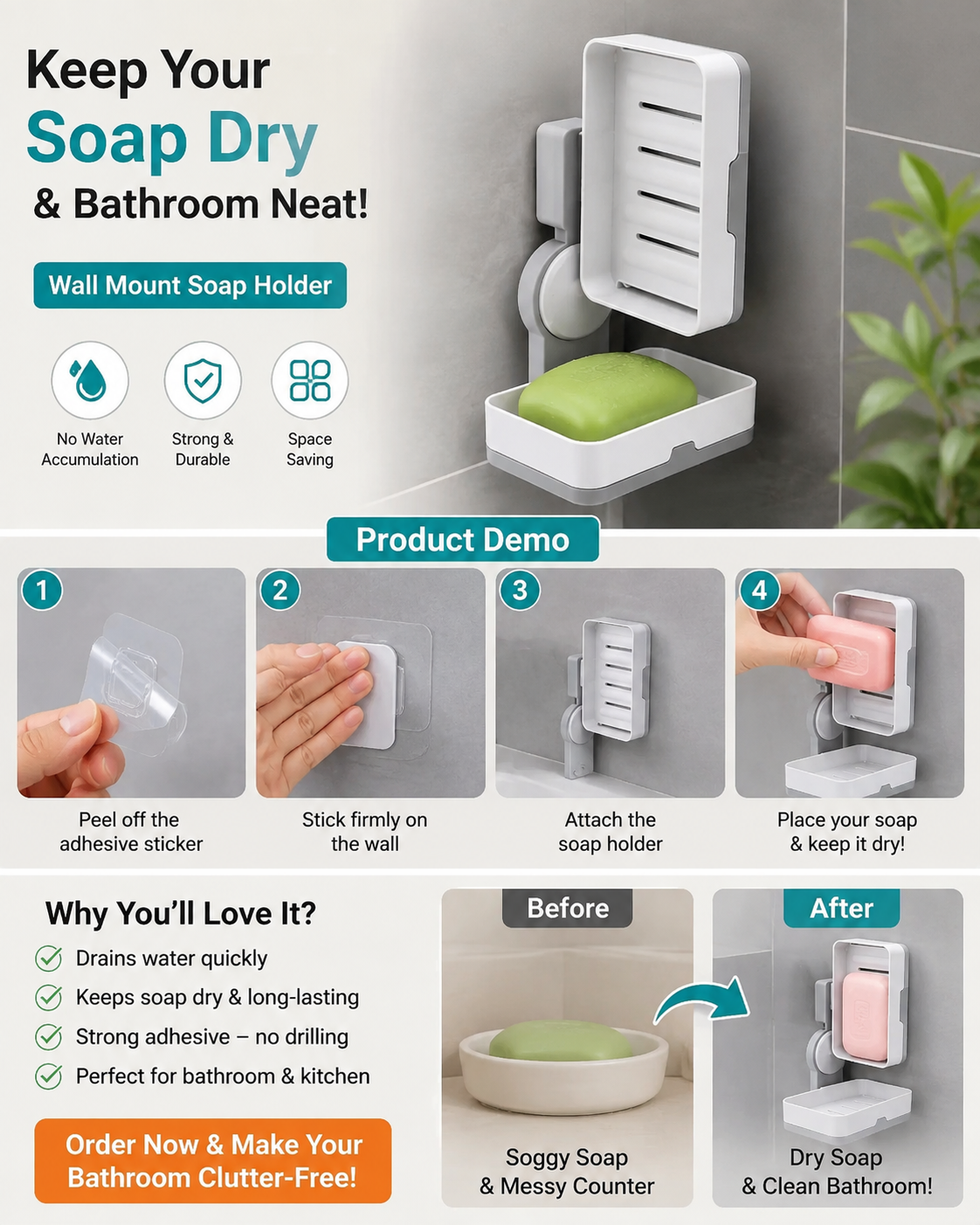 2-in-1 Wall Mounted Soap Holder & Soap Dish with Drainage Tray – 180° Rotating Bathroom Organizer