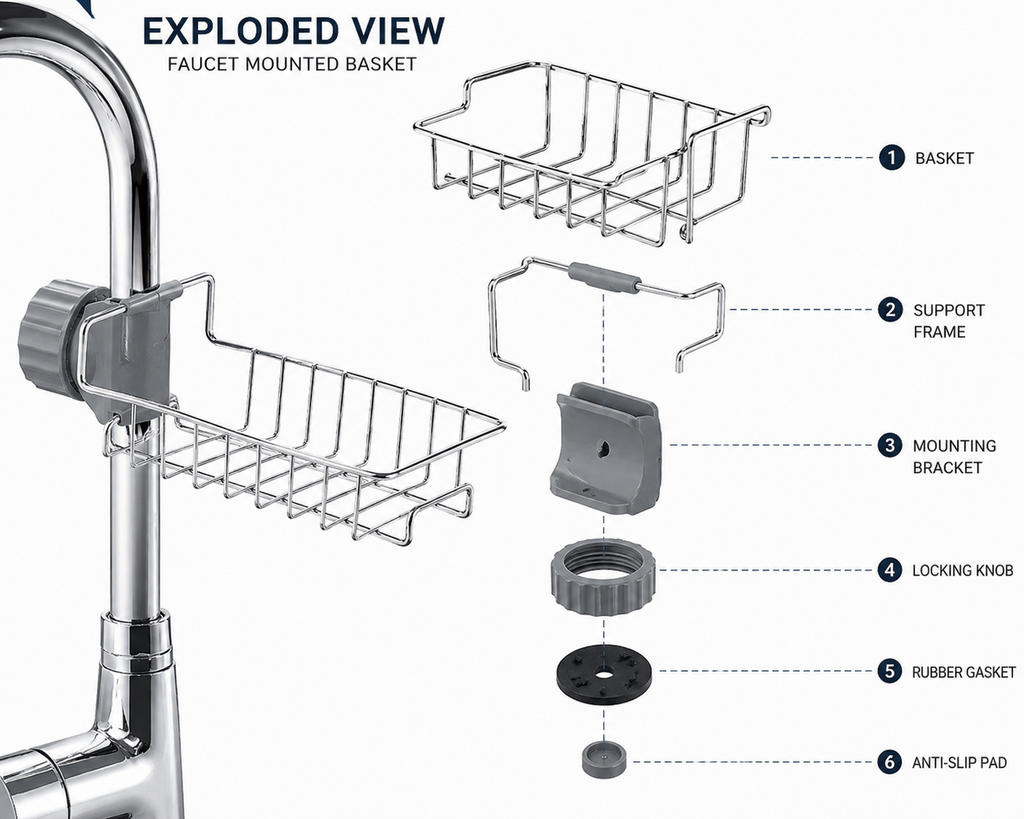 Faucet Mounted Sink Rack – Stainless Steel Kitchen Organizer & Sponge Holder