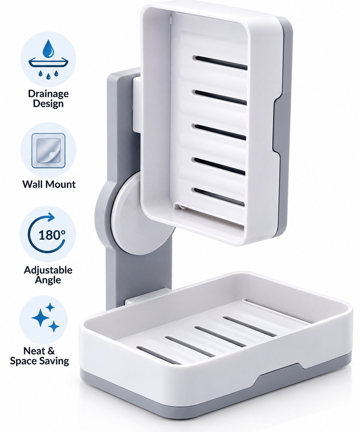 2-in-1 Wall Mounted Soap Holder & Soap Dish with Drainage Tray – 180° Rotating Bathroom Organizer