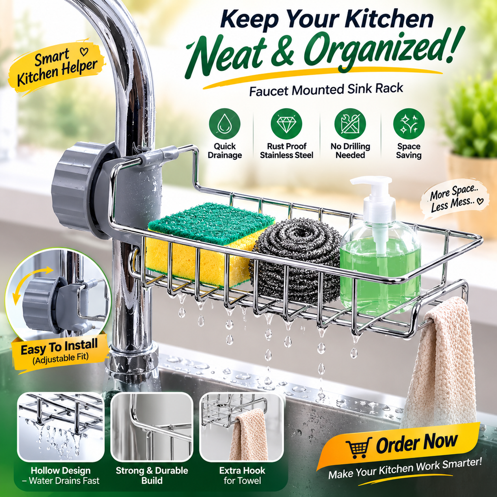 Faucet Mounted Sink Rack – Stainless Steel Kitchen Organizer & Sponge Holder