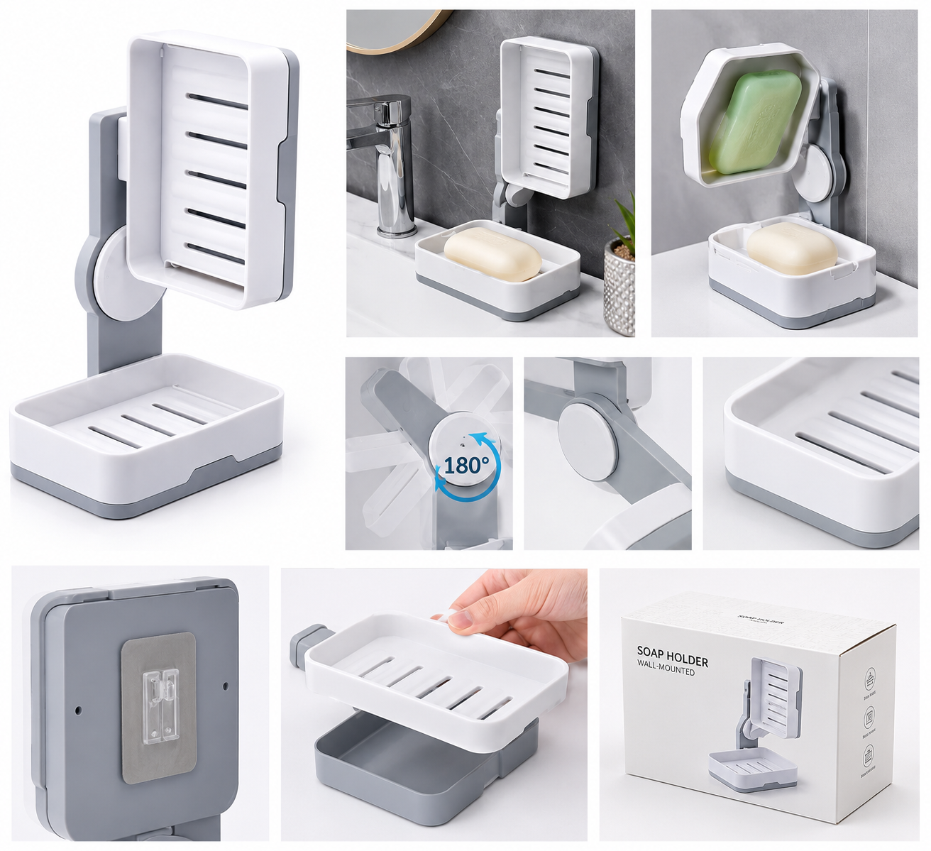 2-in-1 Wall Mounted Soap Holder & Soap Dish with Drainage Tray – 180° Rotating Bathroom Organizer