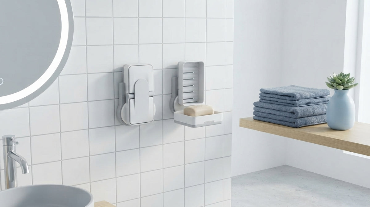 Two wall-mounted soap holders with drainage trays installed in a modern, organized bathroom with blue accents.