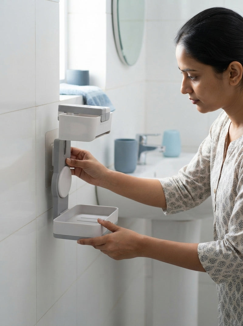 A woman installing a wall-mounted soap holder with a drainage tray next to a pedestal sink in a modern bathroom.