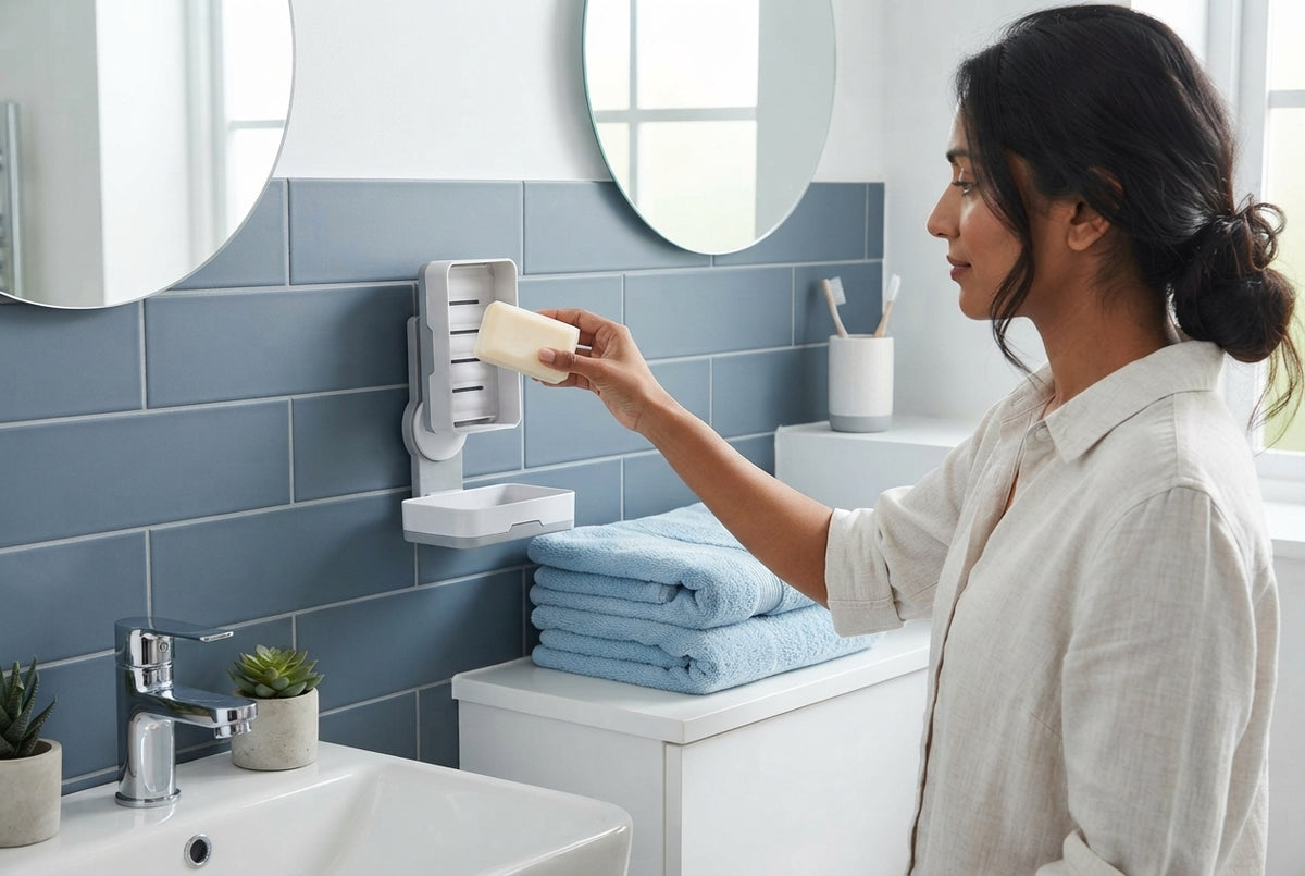 A woman placing soap into a modern rotating wall-mounted soap holder in a clean, bright bathroom with blue and white decor.