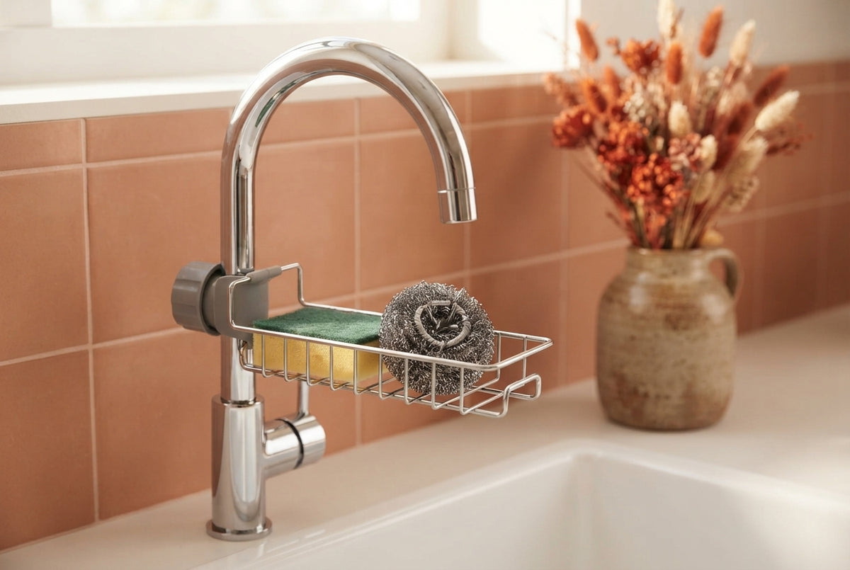 A stainless steel faucet-mounted rack holding kitchen sponges, set against a bright kitchen background with terracotta accent