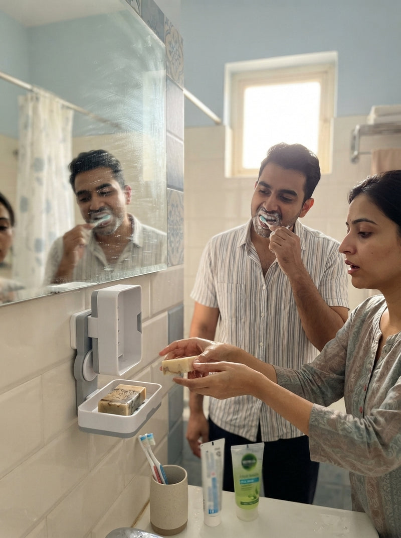 A South Asian couple sharing a bathroom mirror in a modern home with a wall-mounted soap holder visible on the tiled wall.