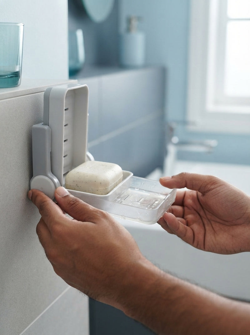 A person emptying the drainage tray of a wall-mounted soap holder in a bathroom.
