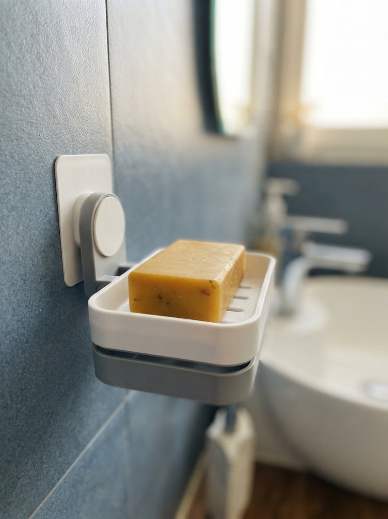 A large Mysore Sandal soap bar resting securely in a white wall-mounted soap holder with a drainage tray in a bathroom.