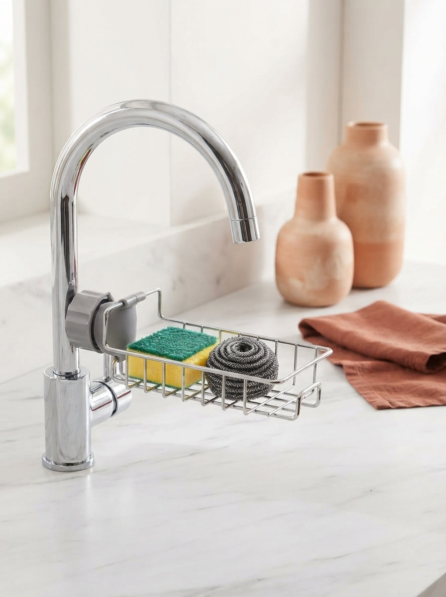 Stainless steel faucet-mounted rack holding a sponge and scrubber over a clean kitchen sink.